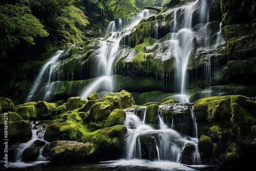 A pristine waterfall cascading down moss-covered rocks  surrounded by lush  untouched wilderness.