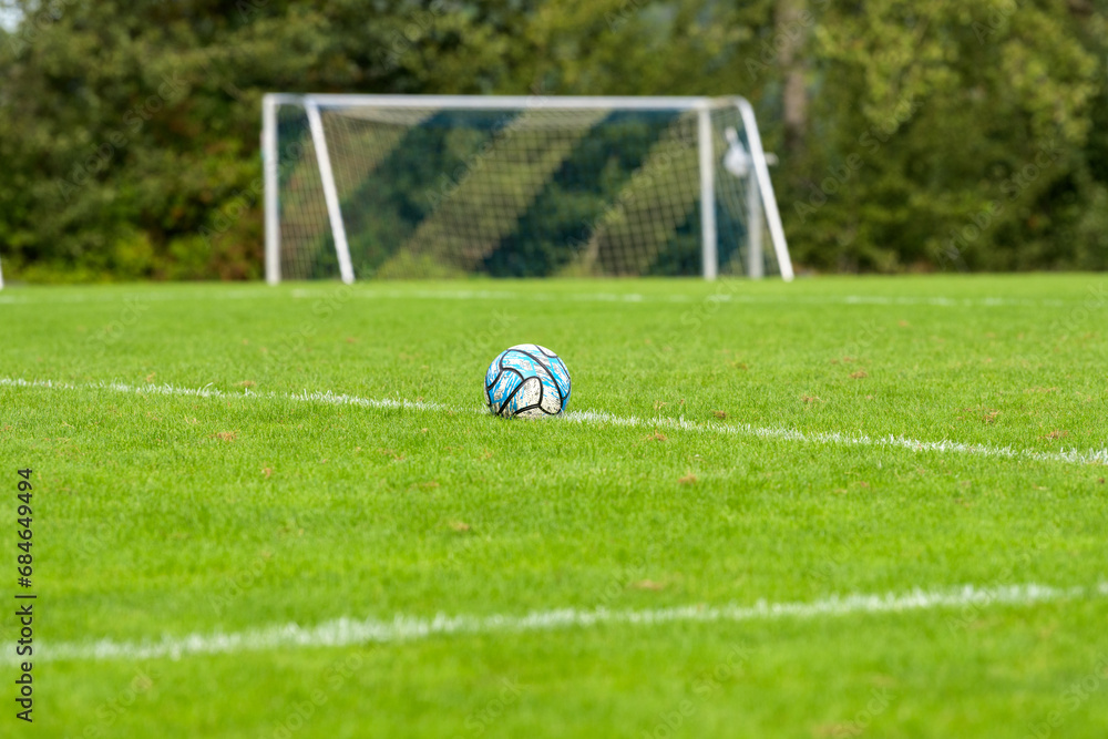 Obraz premium Soccer field with ball on the line. Grass field with goal in the background. European soccer pitch