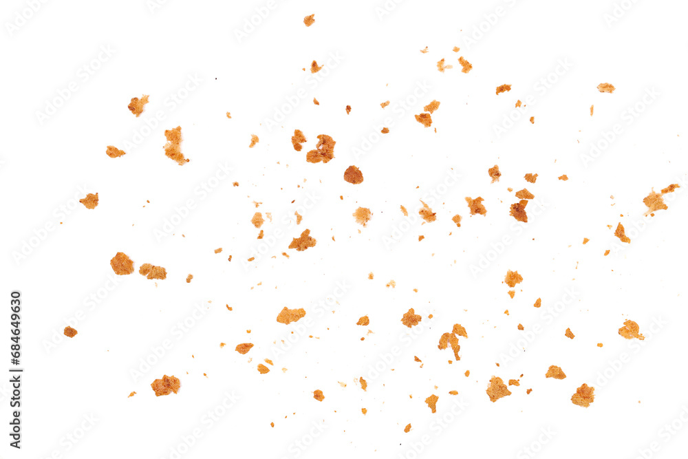 Pile cake crumbs, cookie flying isolated on white, clipping path - obrazy, fototapety, plakaty 