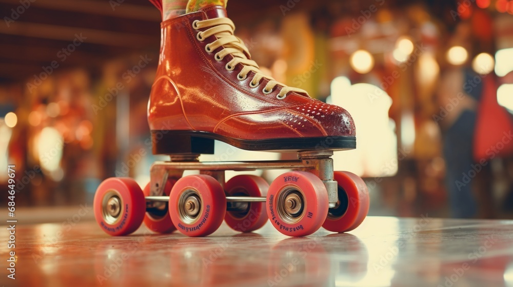 An up-close shot of a retro roller skate, emphasizing its old-school aesthetics and retro appeal on camera - obrazy, fototapety, plakaty 