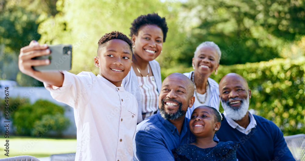 Happy family, selfie or generations with love in nature, summer vacation or together for smartphone memory. Black people, grandparents or kids in smile, face or garden wellness to relax bond in park Happy family, selfie or generations with love in nature, summer vacation or together for smartphone memory. Black people, grandparents or kids in smile, face or garden wellness to relax bond in park