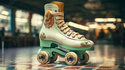 An up-close shot of a retro roller skate, emphasizing its old-school aesthetics and retro appeal on camera photo