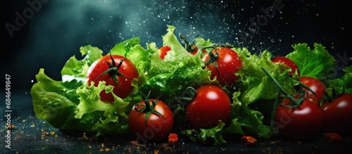 Close up of a salad with fresh baby greens and tomatoes copy space image