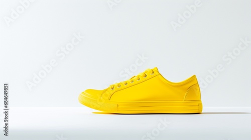 A detailed HD photograph of a bright yellow sneaker in the act of walking, set against a minimalist white backdrop
