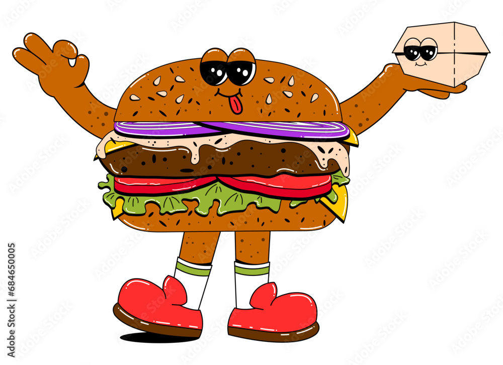 Obraz premium Burger character in retro cartoon style. Hamburger with funny facial expression, arms and legs. Fast food character vector illustration in flat style.