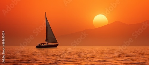 A sailboat with raised sails is outlined against the sunset and hazy orange sky amidst two coastal landmasses in Costa Rica copy space image photo