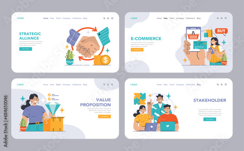 B2B commerce web or landing set. Business characters engaging in online shopping, strategic alliances, CRM, and lead generation. Value proposition, stakeholder interactions. Flat vector illustration