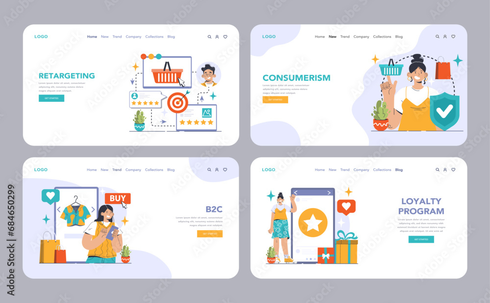 B2C web or landing set. Digital shopping, browsing and purchase. E-commerce exploration, engaging CRM, memorable customer experience. Loyalty reward, effective SEO strategies. Flat vector illustration