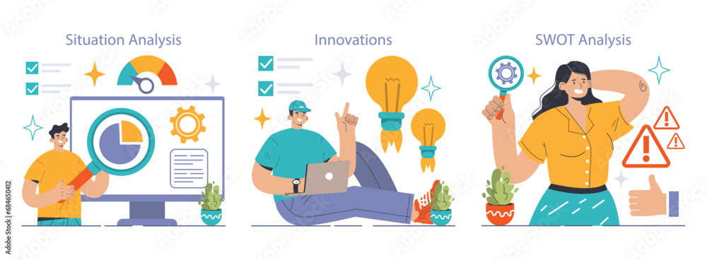 Business optimization set. Experts scrutinizing data, brainstorming creative solutions, assessing strengths and weaknesses. Data analytics, fresh strategies, risk alerts. Flat vector illustration