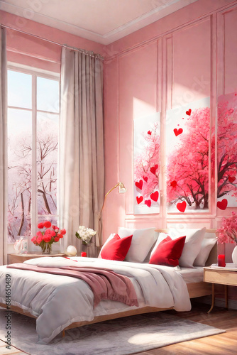 Valentine s Day interior bedroom concept  home style with in red and pink colours  3d illustration.