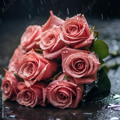 close-up of a delicate festive bouquet of roses lying on the road in the rain
