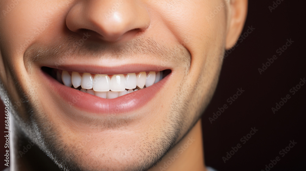 Obraz premium Young man with beautiful smile. Teeth whitening and dentist concept. With copy space.
