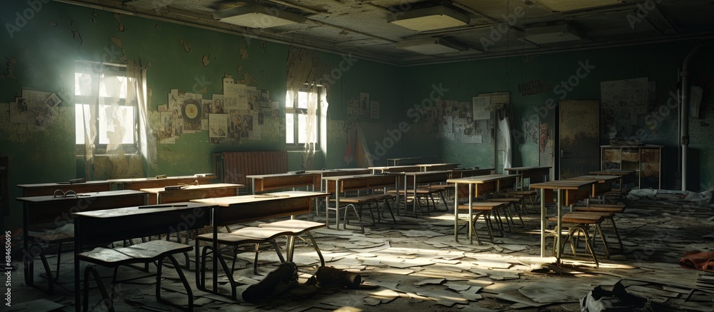 Abandoned classroom in Pripyat within the Chernobyl exclusion zone copy space image