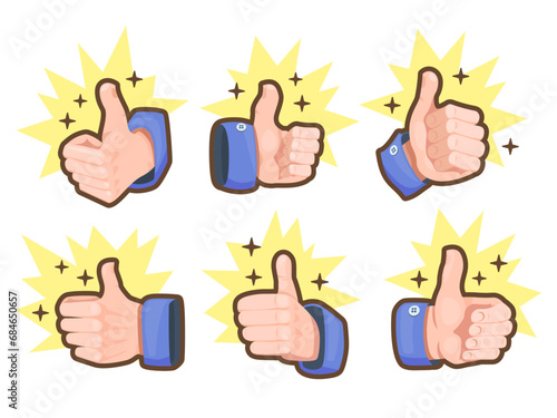 Icons of the "like" hand sign from different angles. Concept of approve. Bright remarkable UI elements. Nice vector UI illustration for your business.