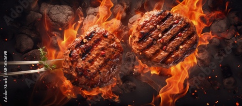 Close up top view of sizzling BBQ beef burgers on charcoal grill with spatula copy space image