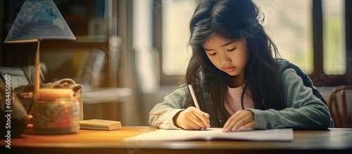 Asian girl doing homework in the living room copy space image photo
