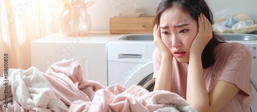 Asian woman with unpleasant expression after doing laundry due to dirty and musty smelling clothes copy space image