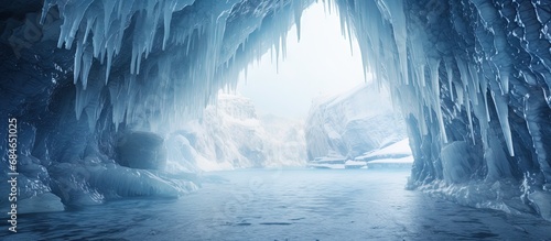 An icy frame on Olkhon Island made of stalactites in a Baikal ice cave copy space image photo