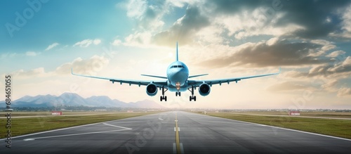 Airplane arriving on airport runway copy space image