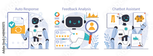 Chat bot set. AI-powered customer service. Online consultation with artificial neural network. Artificial intelligence virtual assistant. Flat vector illustration © inspiring.team