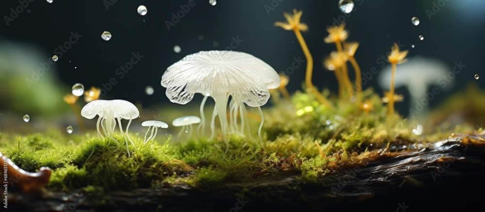 A large white slime mould called myxomycete is crawling and spreading on a surface Myxomycete collects from numerous tiny amoebae copy space image A large white slime mould called myxomycete is crawling and spreading on a surface Myxomycete collects from numerous tiny amoebae copy space image