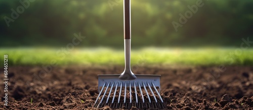 A long handled tool with spaced tines for leveling soil and preparing the ground copy space image photo