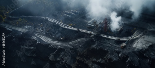Bird s eye view of a belt carrying coal near a power plant aerial perspective of coal mining copy space image photo