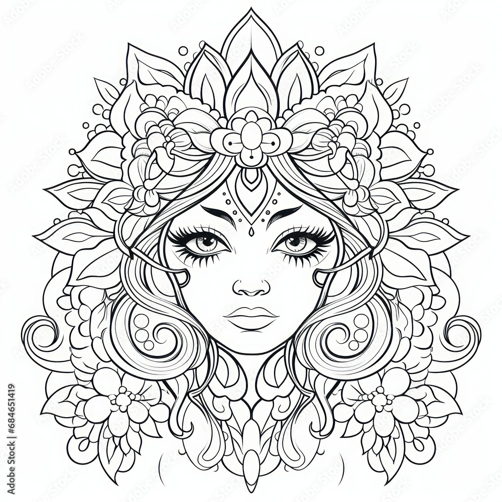 mandala for coloring in the form of a woman's face, concept of  coloring book, meditation, yoga, prayer, esotericism