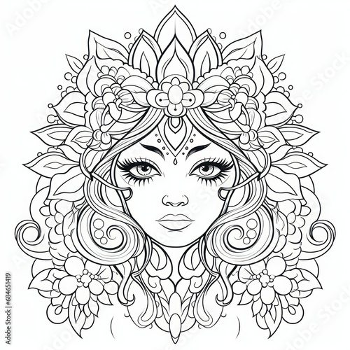 mandala for coloring in the form of a woman's face, concept of  coloring book, meditation, yoga, prayer, esotericism