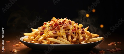 Cheesy bacon fries on a pla...