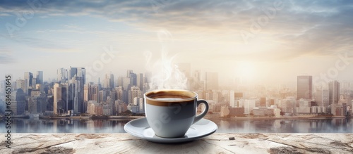 Coffee cup over city backdr...