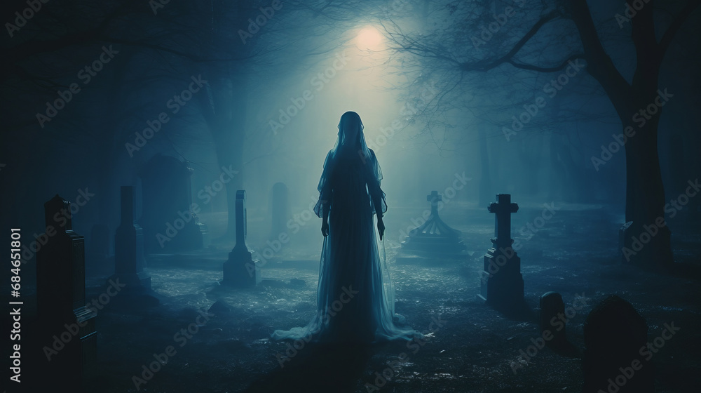 Mysterious female ghost silhouette veiled in translucent fabric emerges from fog in old cemetery among tombstones, creating an otherworldly ambiance and aura of ghostly mystique, scary ghost at night - obrazy, fototapety, plakaty 