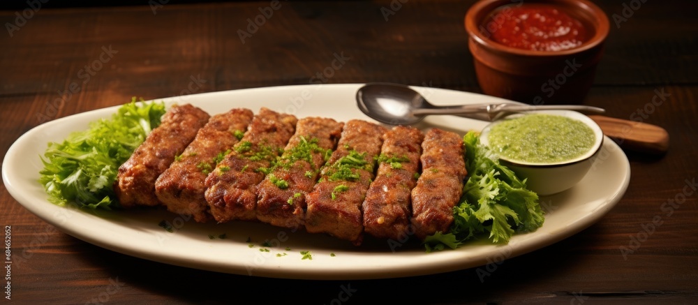 Chicken or mutton keema kebab with chutney and salad copy space image Chicken or mutton keema kebab with chutney and salad copy space image