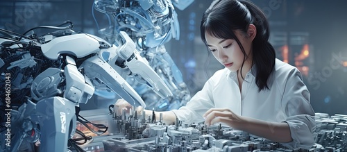 Asian student assembling robot on digital interactive whiteboard background with computer motherboard components Advanced robotics technology concept copy space image