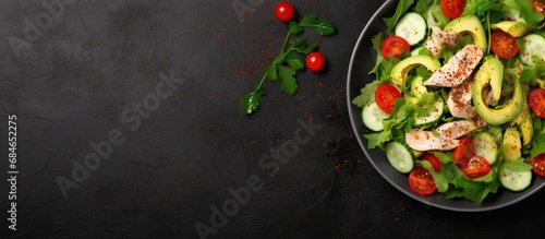 Chicken salad with fresh greens vegetables and sesame seeds viewed from above copy space image