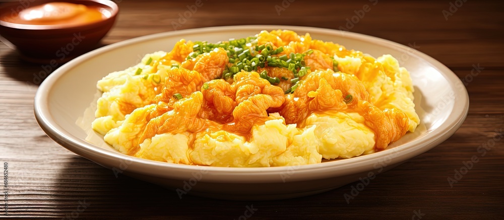 Cantonese style shrimp and eggs copy space image Cantonese style shrimp and eggs copy space image