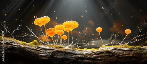 A shiny orange slime mold s branched plasmodium crawls and spreads on a substrate formed by gathering microscopic unicellular amoebae copy space image