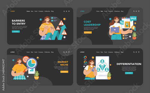 Competitive advantage dark or night mode web or landing set. Advertising and marketing business strategy. Brand recognition and market niche definition. Flat vector illustration