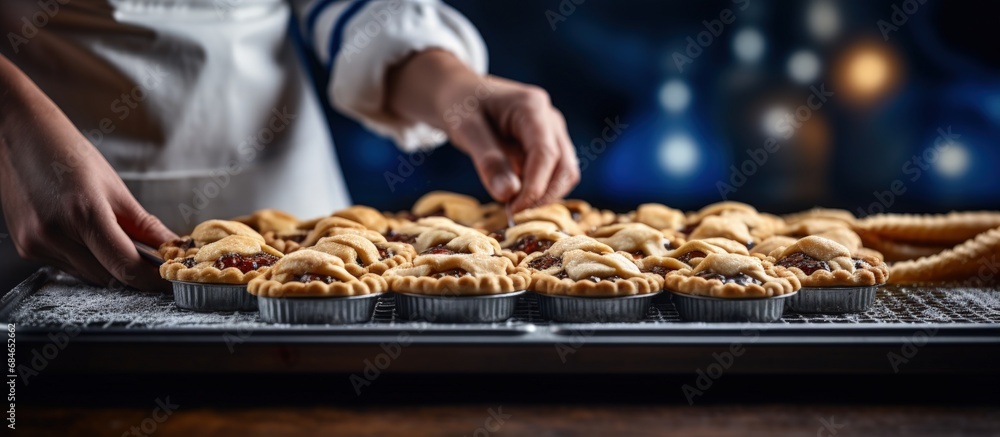 Chef s hands fill a small pie Raw baked goods rest on a metal baking sheet in a bakery Pie and flour products made copy space image