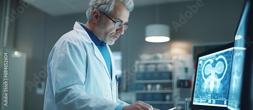 A middle aged man in a scientist s uniform is looking at an embryology image on a touchpad in a laboratory copy space image photo