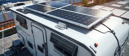 Camper trailer rooftop with solar panels and AC unit copy space image