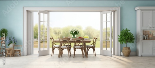 Charming dining room with beautiful vintage decor and folding doors copy space image