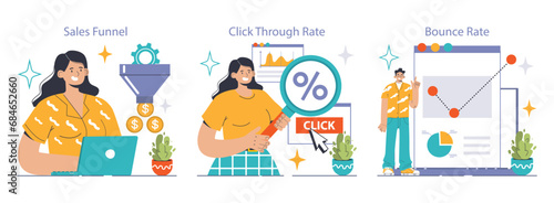 Digital Marketing set. Woman analyzes sales funnel, man inspects click-through metrics, analyzing bounce rate graph. Consumer behavior, user engagement, website performance. Flat vector illustration