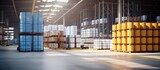 Chemical factory warehouse with storage area pallet racks and chemical product storage copy space image
