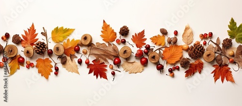 Autumn objects arranged on light surface for creative display copy space image