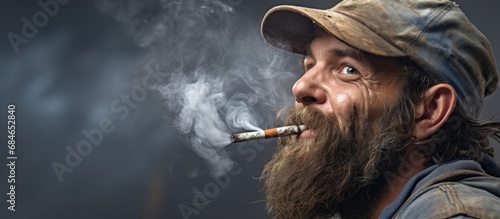Angry country dweller frowns and smokes copy space image