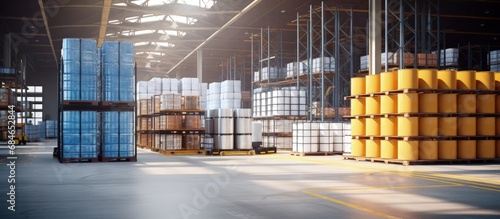 Chemical factory warehouse with storage area pallet racks and chemical product storage copy space image