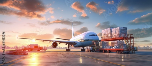 Aircraft loading platform for air freight copy space image photo