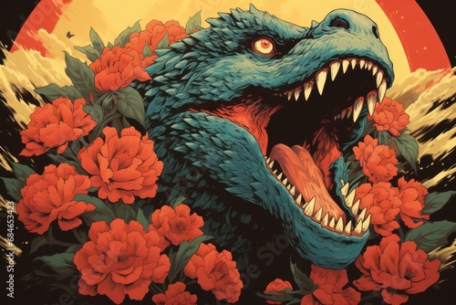detailed illustration with angry dinosaur in lush flowers © whitehoune