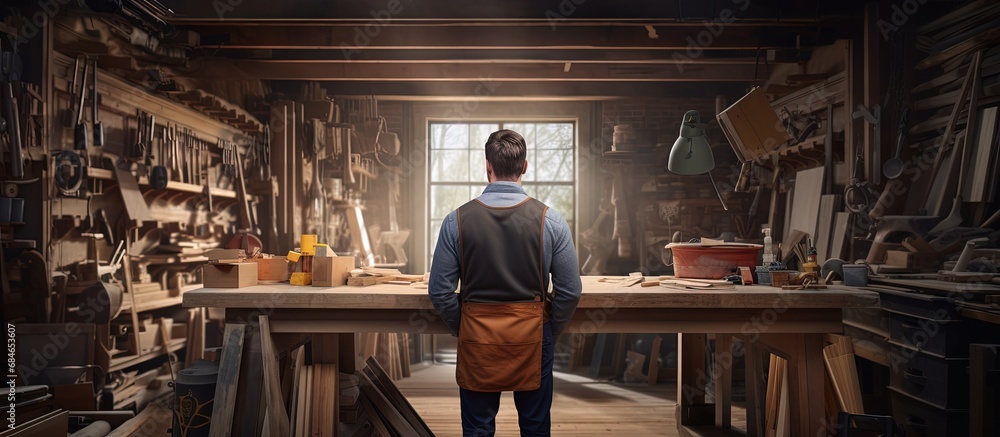 Carpenter in artisan woodwork studio using tablet surrounded by wood pieces on shelving copy space image